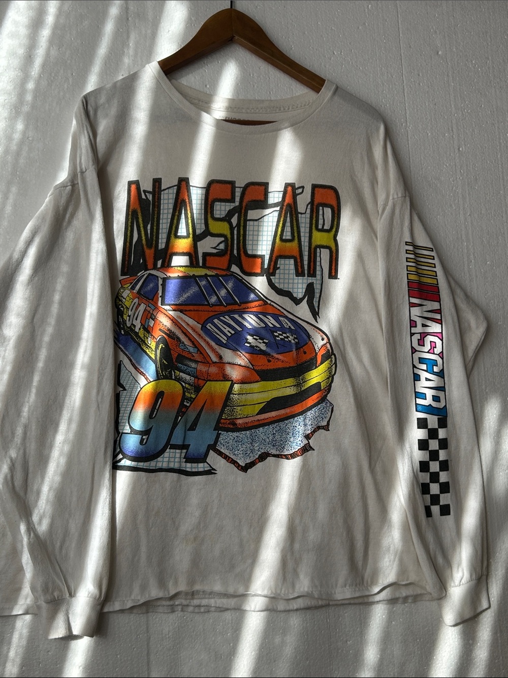 NASCAR Vintage Style Daytona 500 Long Sleeve Graphic Man’s Tee - White. Size 2XL